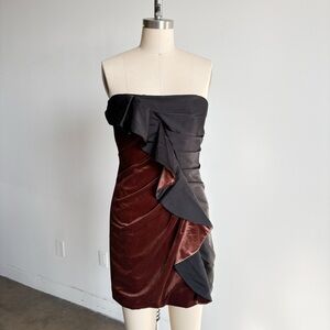 $298 NWT BCBGMaxAzria Velvet Satin Ruffle Dress in Black and Hazelnut Sz 4